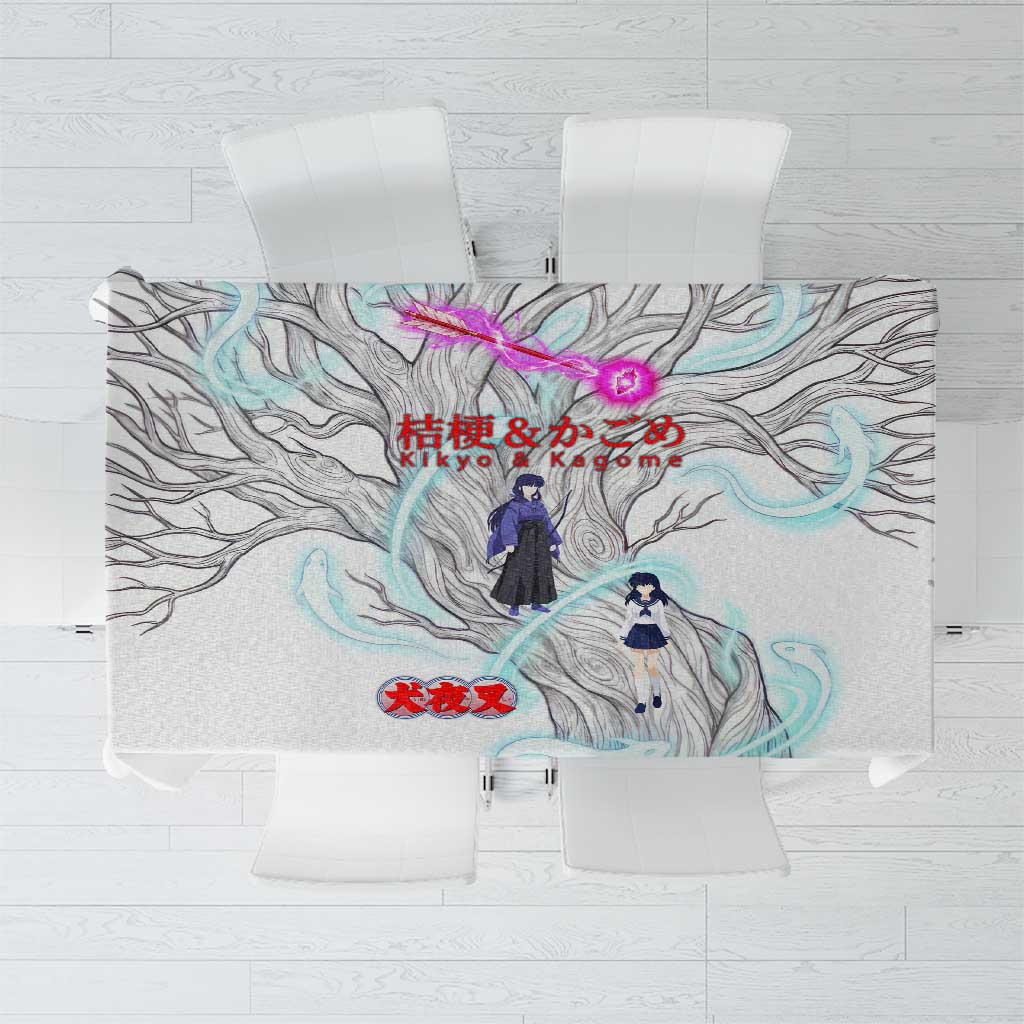 Kikyo and Kagome Inuyasha Series Tablecloth Spiritual Anime Art Style with Sacred Tree and Torii Gate