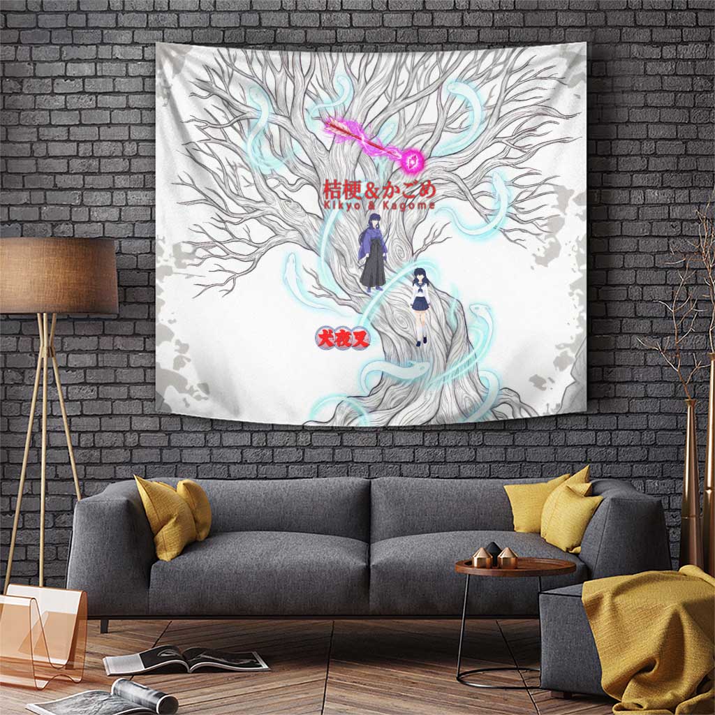 Kikyo and Kagome Inuyasha Series Tapestry Spiritual Anime Art Style with Sacred Tree and Torii Gate