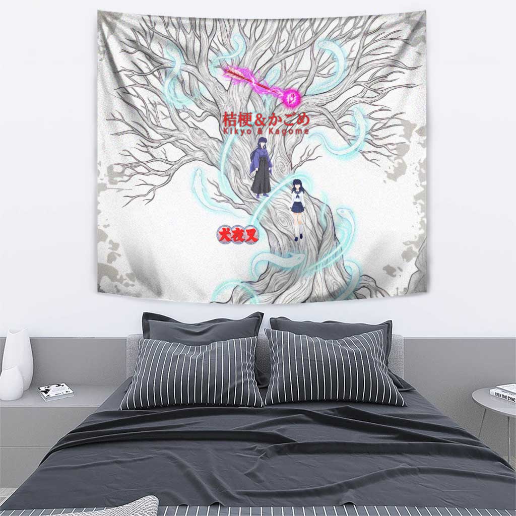 Kikyo and Kagome Inuyasha Series Tapestry Spiritual Anime Art Style with Sacred Tree and Torii Gate