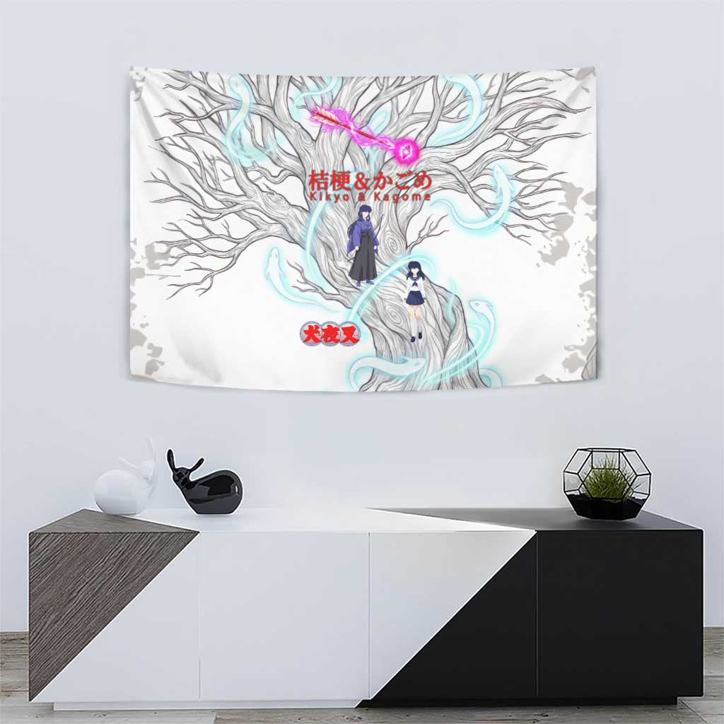 Kikyo and Kagome Inuyasha Series Tapestry Spiritual Anime Art Style with Sacred Tree and Torii Gate