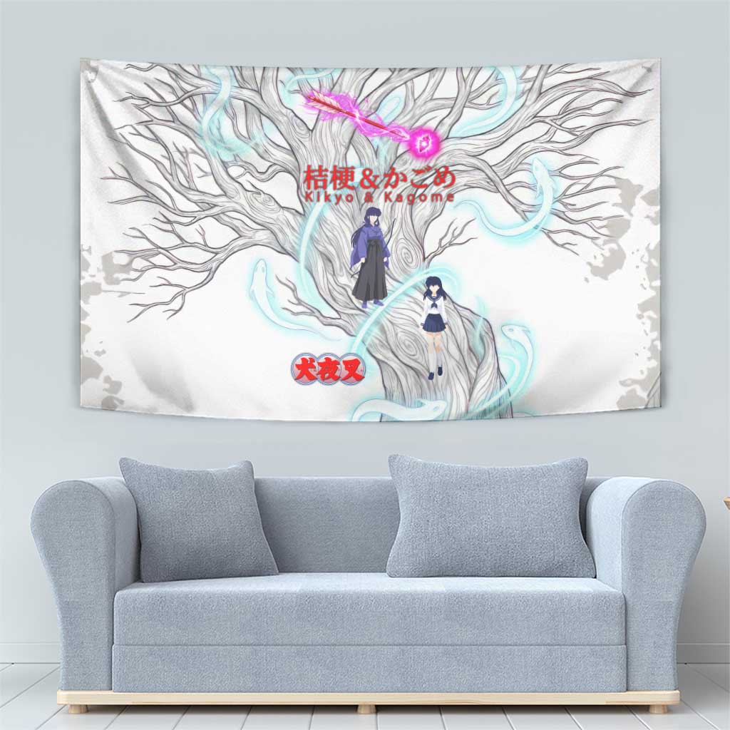 Kikyo and Kagome Inuyasha Series Tapestry Spiritual Anime Art Style with Sacred Tree and Torii Gate