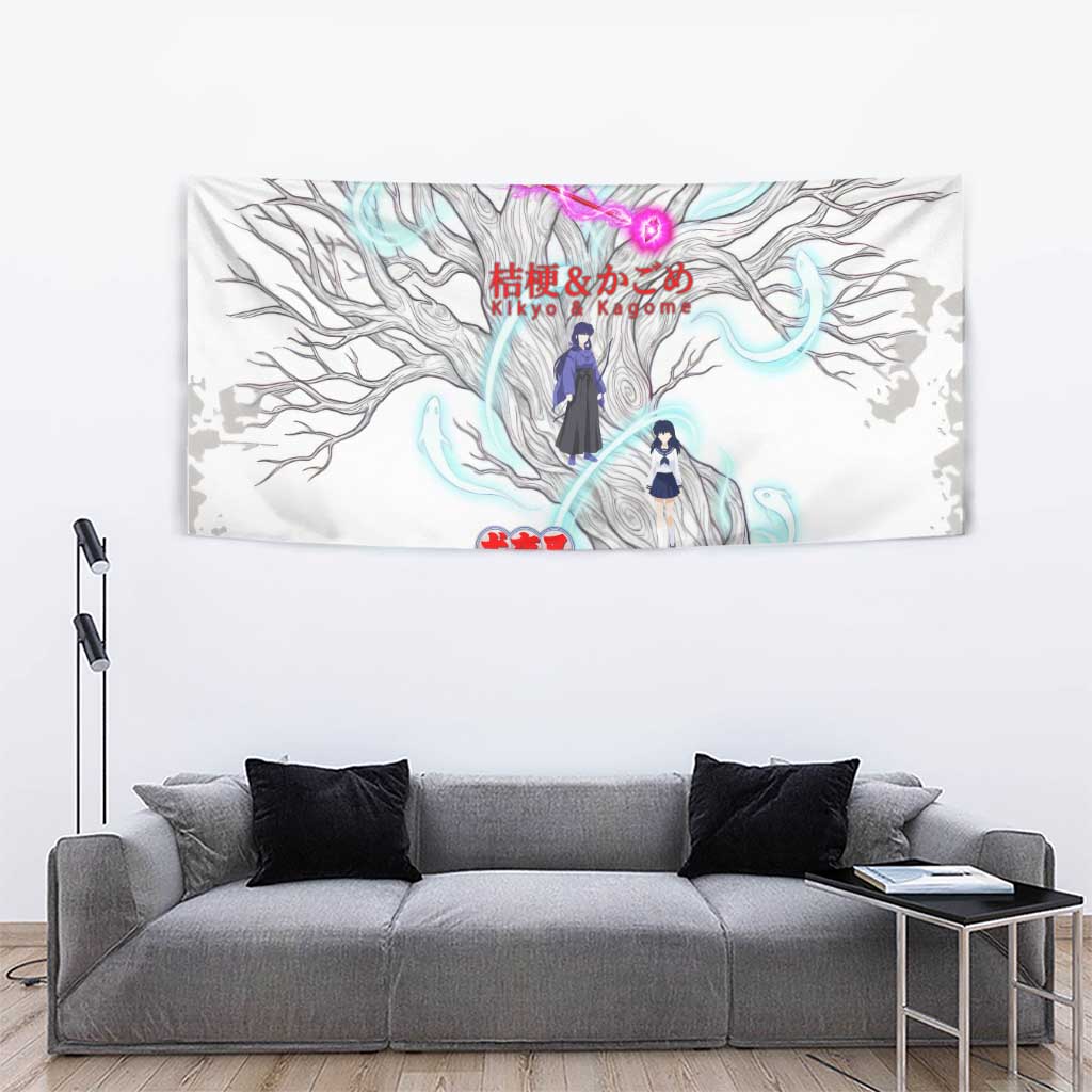 Kikyo and Kagome Inuyasha Series Tapestry Spiritual Anime Art Style with Sacred Tree and Torii Gate