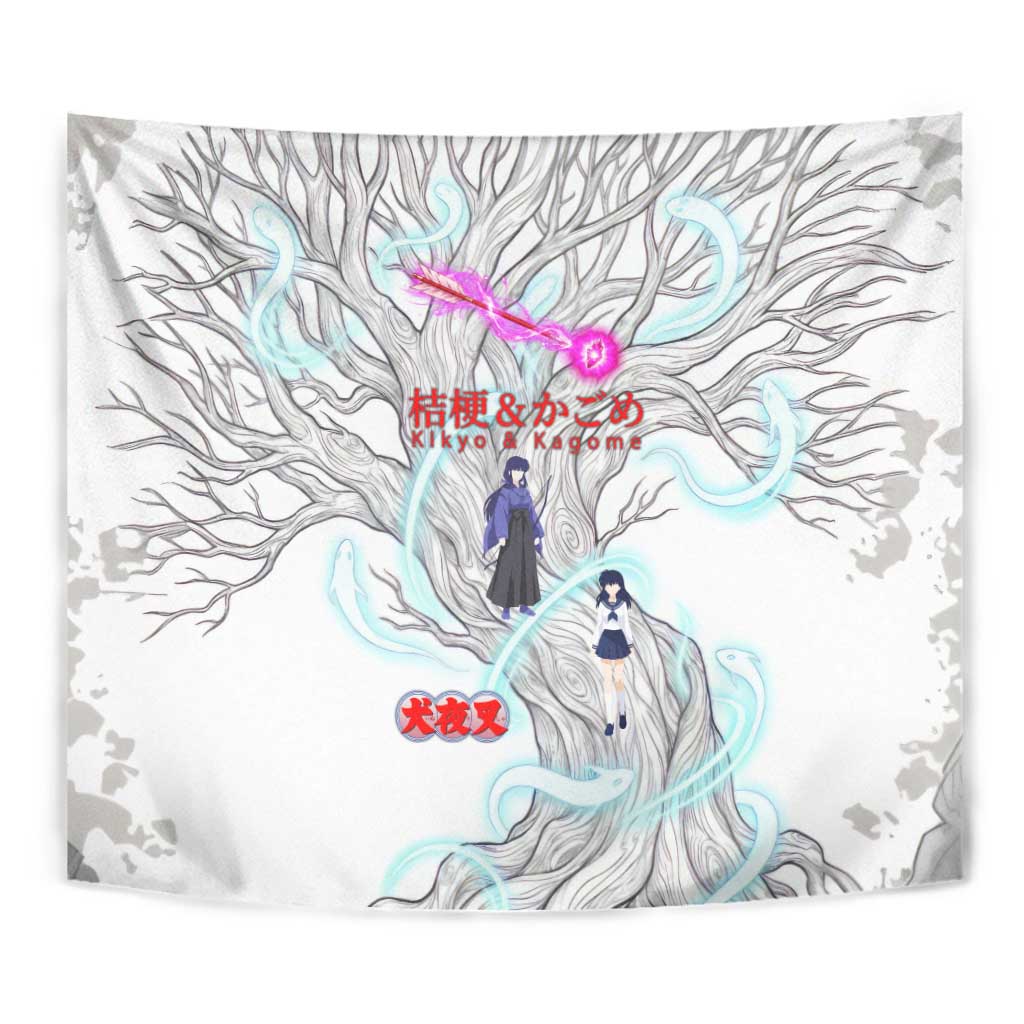 Kikyo and Kagome Inuyasha Series Tapestry Spiritual Anime Art Style with Sacred Tree and Torii Gate