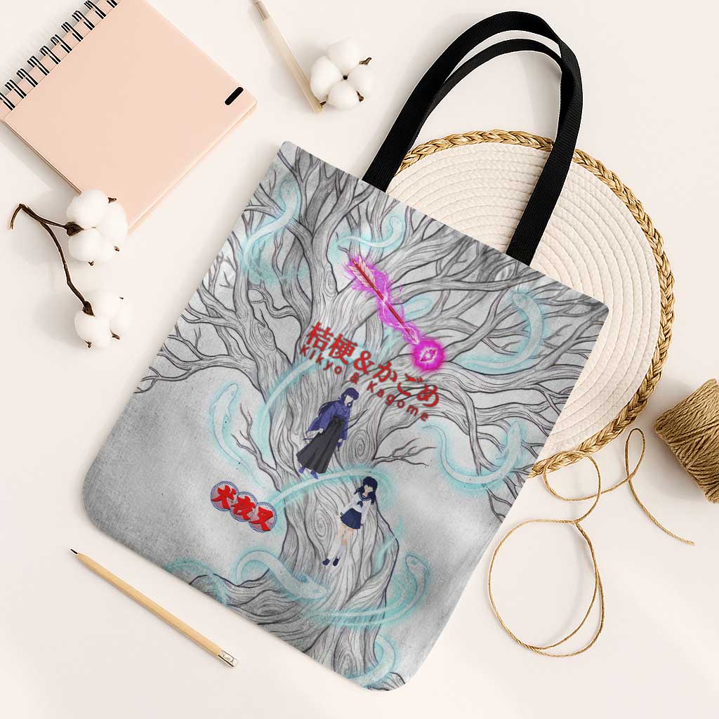 Kikyo and Kagome Inuyasha Series Tote Bag Spiritual Anime Art Style with Sacred Tree and Torii Gate