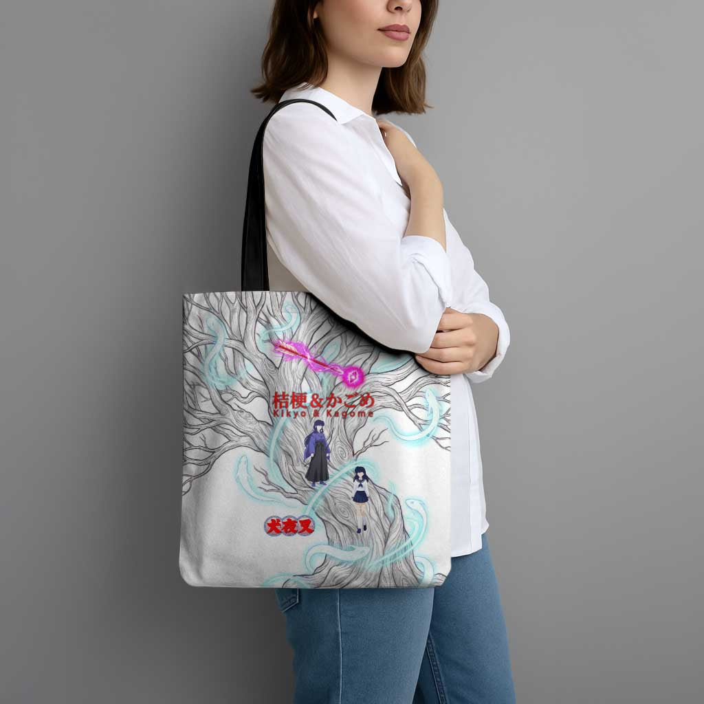 Kikyo and Kagome Inuyasha Series Tote Bag Spiritual Anime Art Style with Sacred Tree and Torii Gate