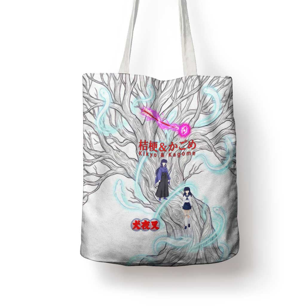 Kikyo and Kagome Inuyasha Series Tote Bag Spiritual Anime Art Style with Sacred Tree and Torii Gate