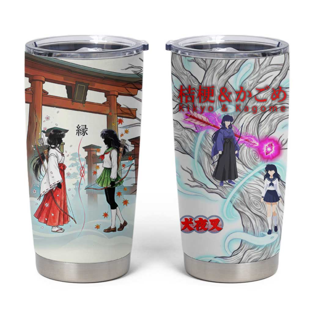 Kikyo and Kagome Inuyasha Series Tumbler Cup Spiritual Anime Art Style with Sacred Tree and Torii Gate