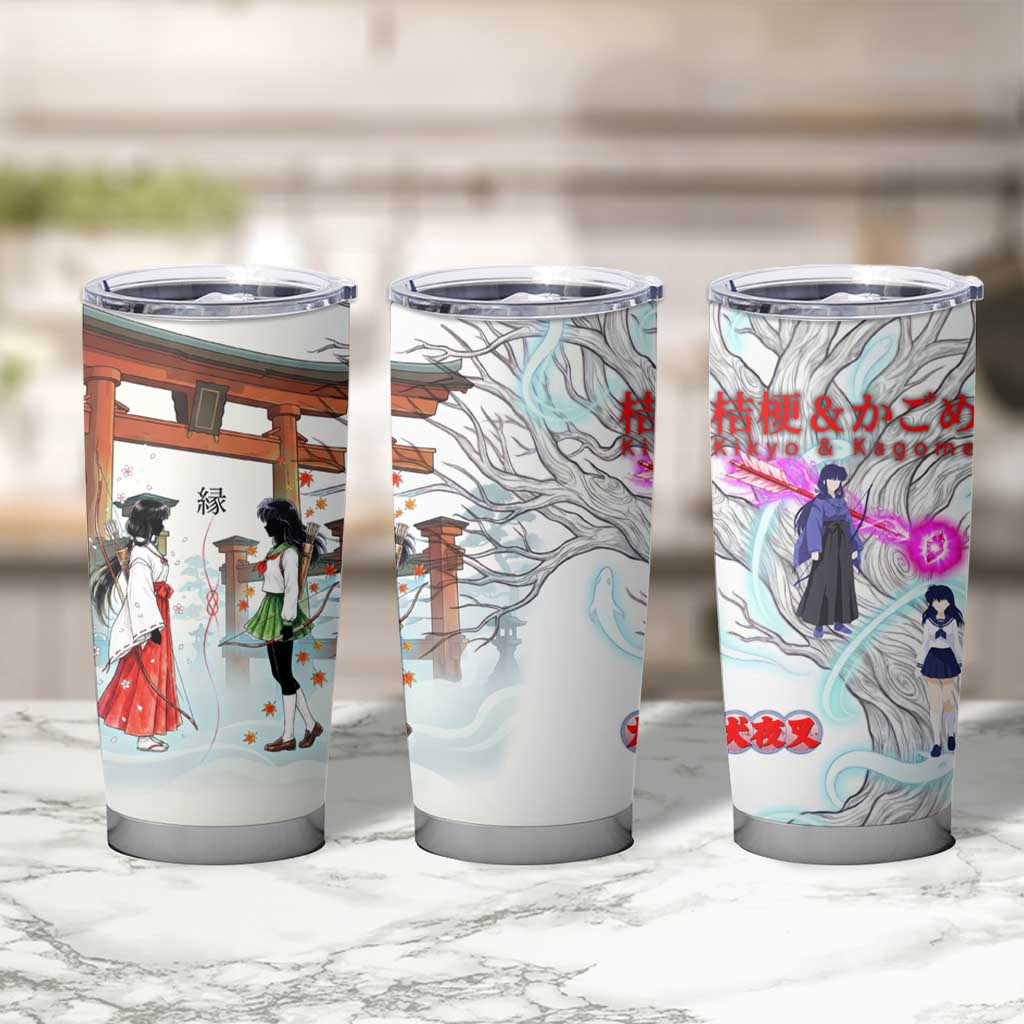 Kikyo and Kagome Inuyasha Series Tumbler Cup Spiritual Anime Art Style with Sacred Tree and Torii Gate