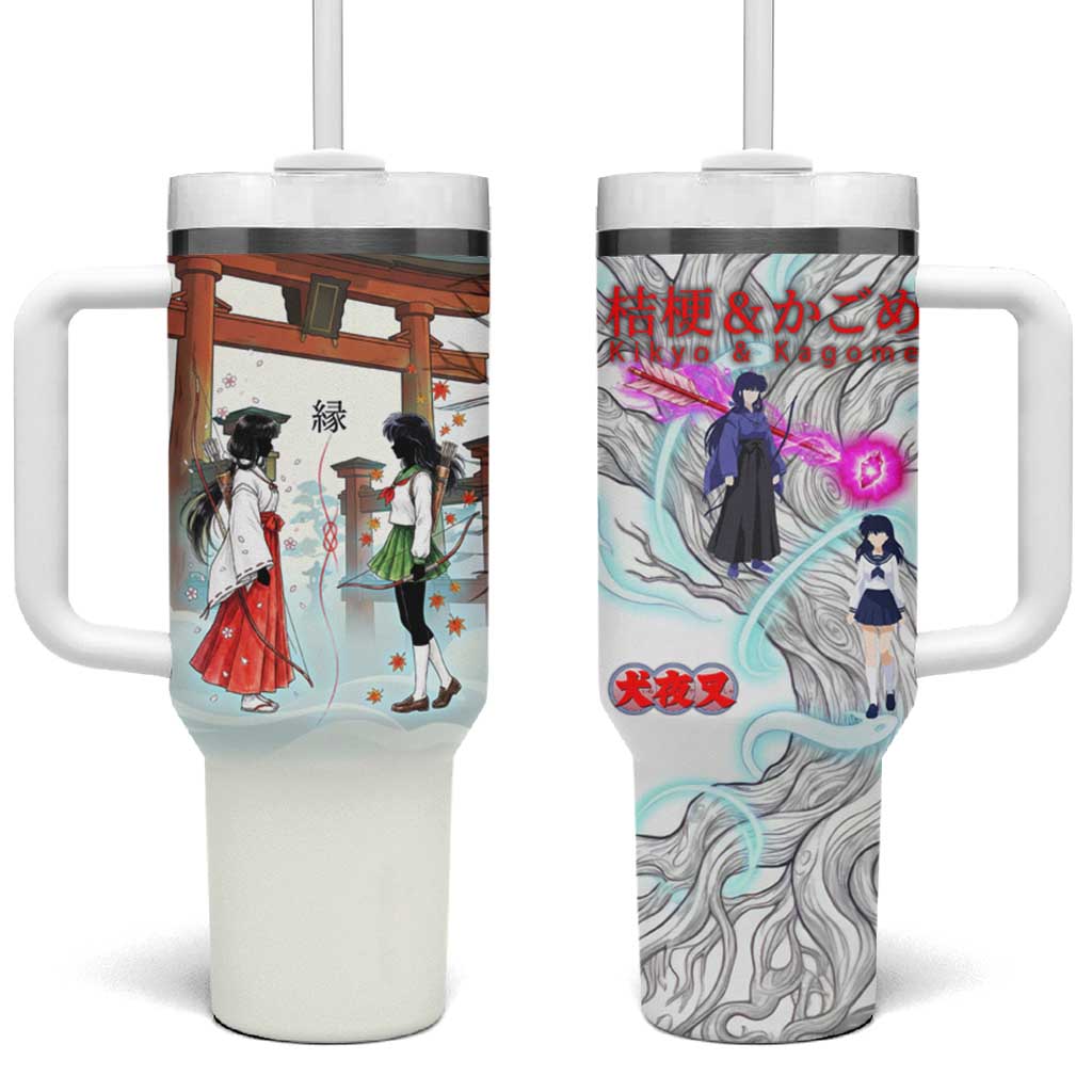 Kikyo and Kagome Inuyasha Series Tumbler With Handle Spiritual Anime Art Style with Sacred Tree and Torii Gate