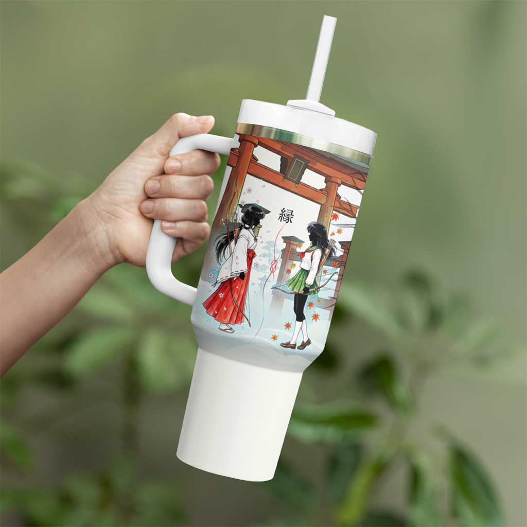 Kikyo and Kagome Inuyasha Series Tumbler With Handle Spiritual Anime Art Style with Sacred Tree and Torii Gate