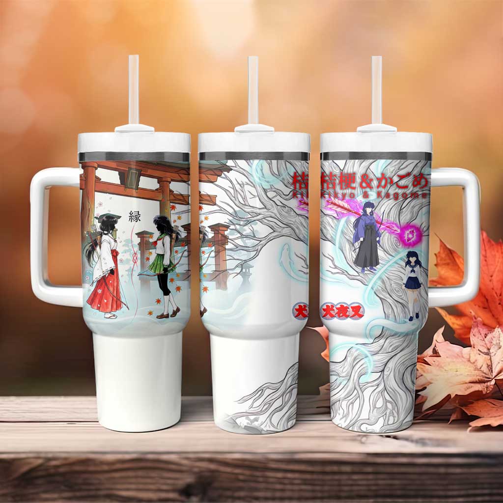 Kikyo and Kagome Inuyasha Series Tumbler With Handle Spiritual Anime Art Style with Sacred Tree and Torii Gate