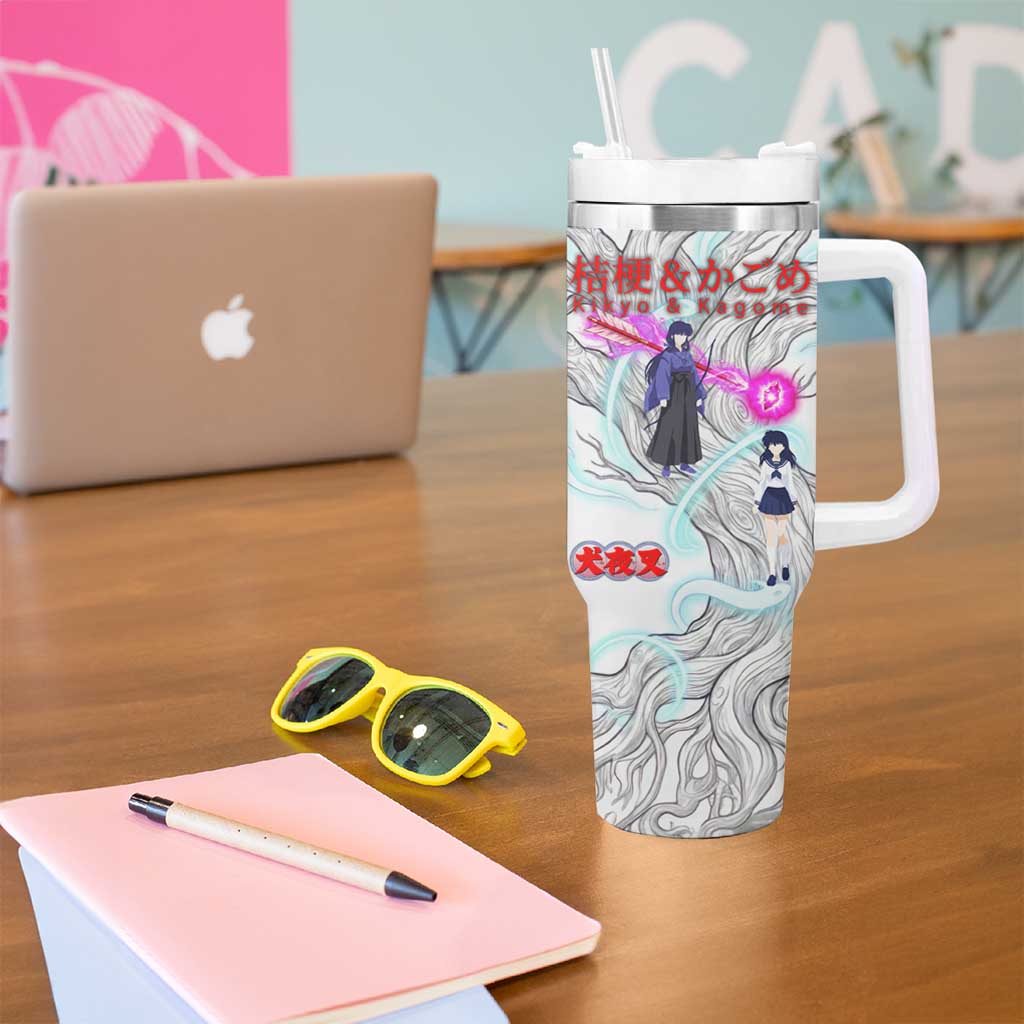Kikyo and Kagome Inuyasha Series Tumbler With Handle Spiritual Anime Art Style with Sacred Tree and Torii Gate