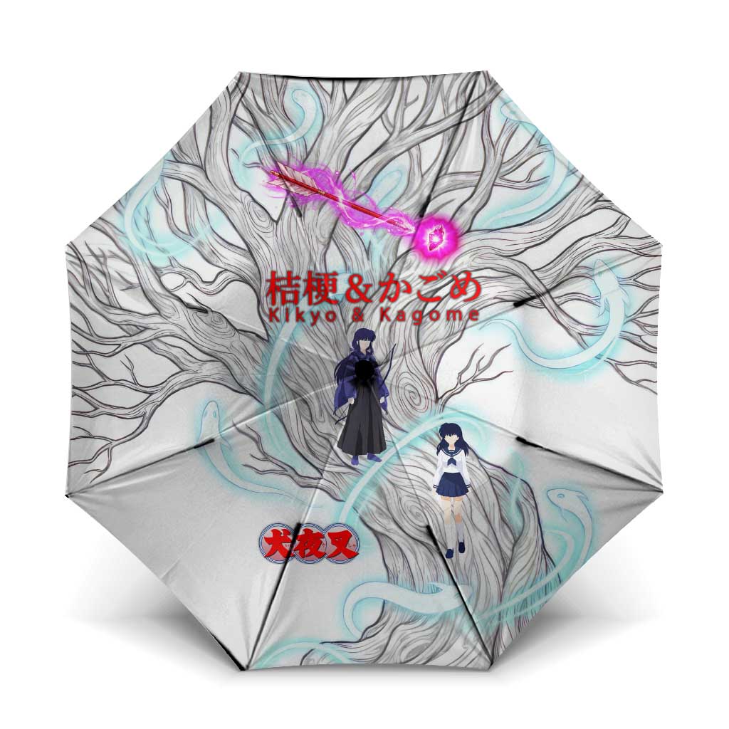 Kikyo and Kagome Inuyasha Series Umbrella Spiritual Anime Art Style with Sacred Tree and Torii Gate