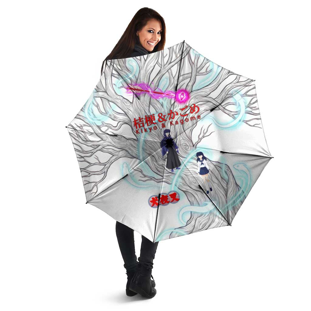Kikyo and Kagome Inuyasha Series Umbrella Spiritual Anime Art Style with Sacred Tree and Torii Gate