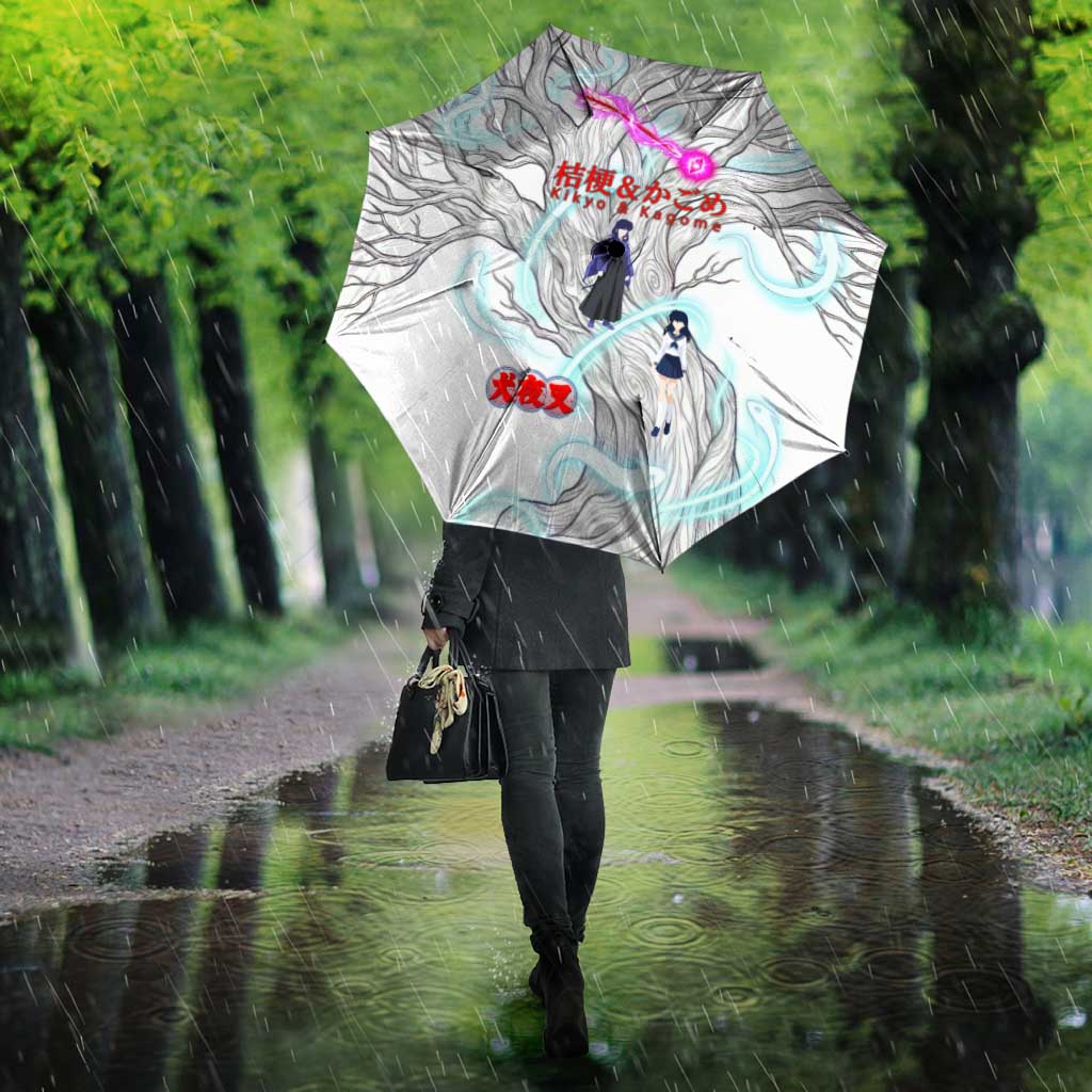 Kikyo and Kagome Inuyasha Series Umbrella Spiritual Anime Art Style with Sacred Tree and Torii Gate