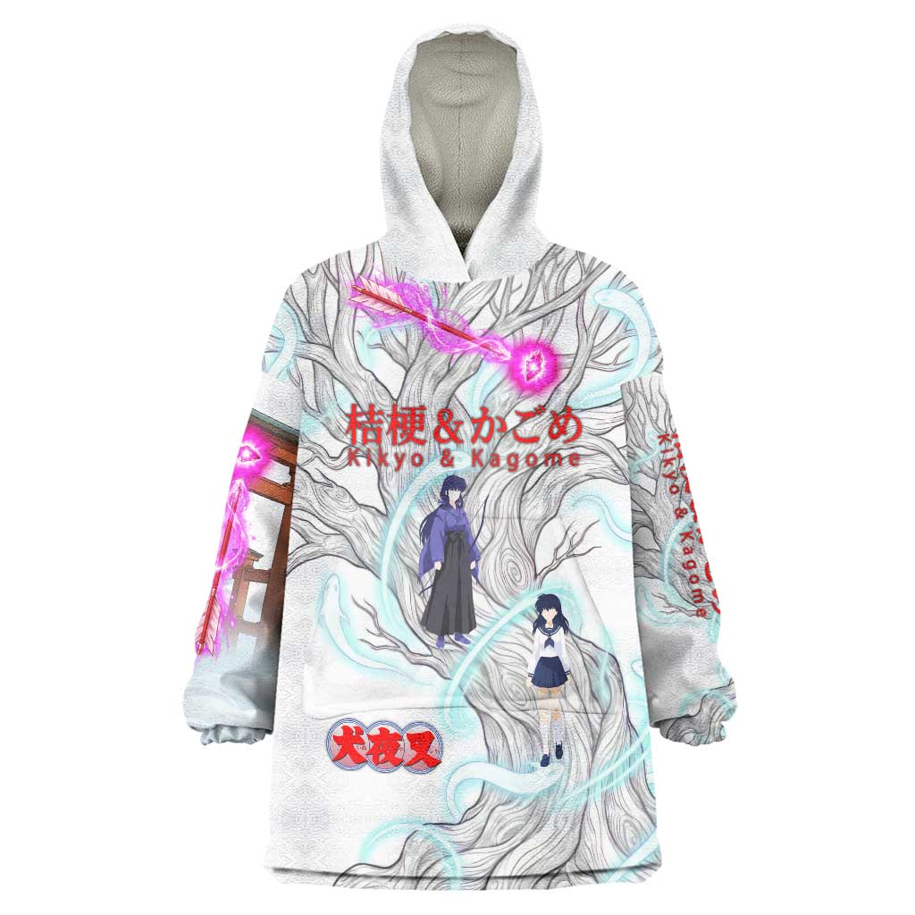 Kikyo and Kagome Inuyasha Series Wearable Blanket Hoodie Spiritual Anime Art Style with Sacred Tree and Torii Gate