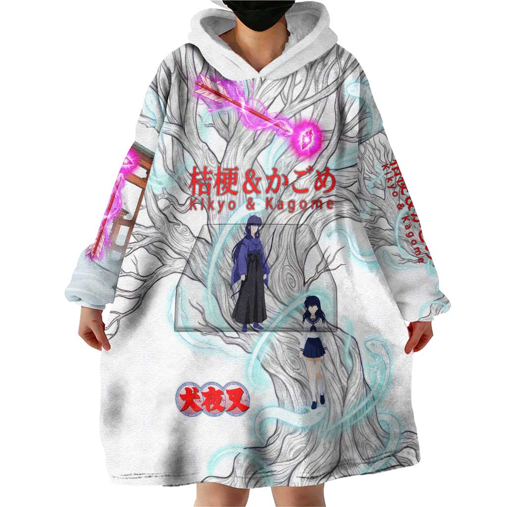 Kikyo and Kagome Inuyasha Series Wearable Blanket Hoodie Spiritual Anime Art Style with Sacred Tree and Torii Gate
