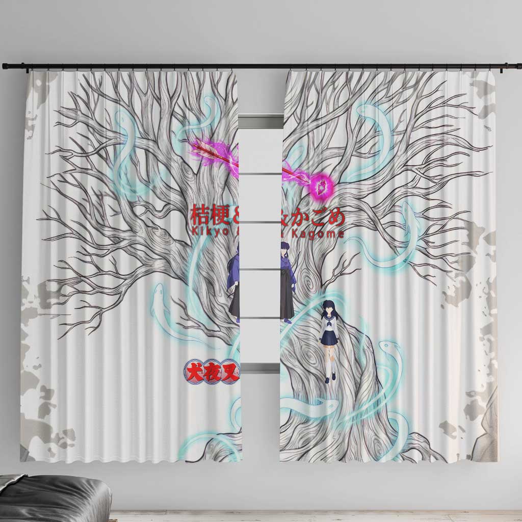 Kikyo and Kagome Inuyasha Series Window Curtain Spiritual Anime Art Style with Sacred Tree and Torii Gate