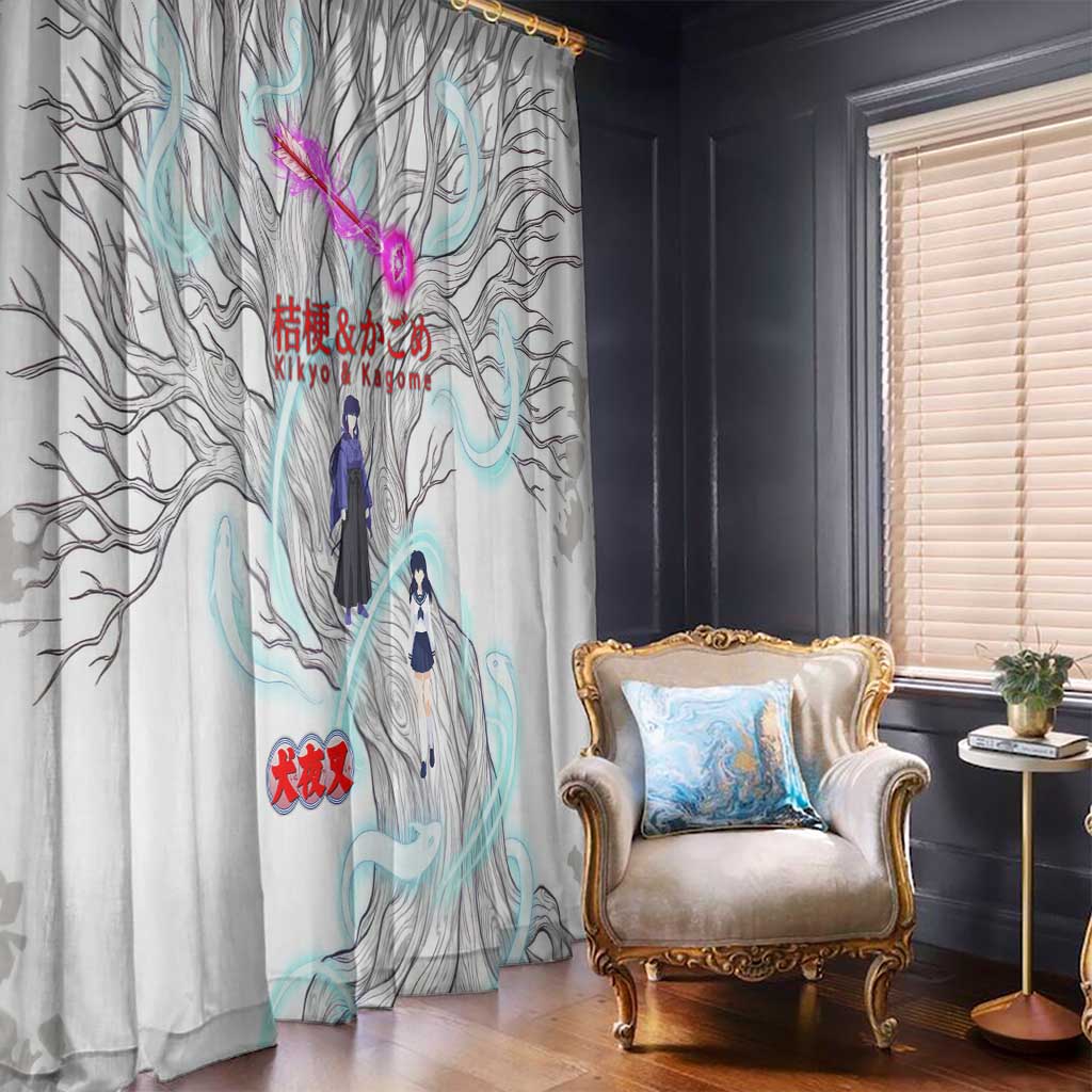 Kikyo and Kagome Inuyasha Series Window Curtain Spiritual Anime Art Style with Sacred Tree and Torii Gate