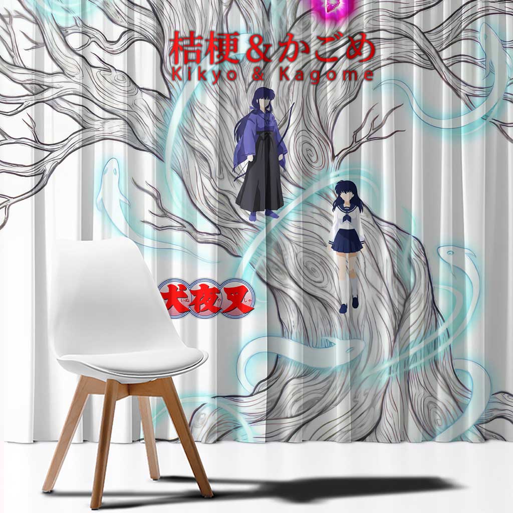 Kikyo and Kagome Inuyasha Series Window Curtain Spiritual Anime Art Style with Sacred Tree and Torii Gate