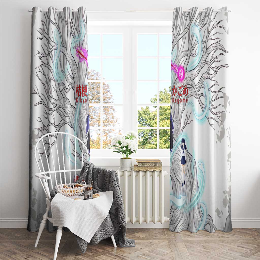 Kikyo and Kagome Inuyasha Series Window Curtain Spiritual Anime Art Style with Sacred Tree and Torii Gate