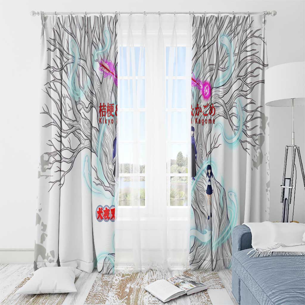 Kikyo and Kagome Inuyasha Series Window Curtain Spiritual Anime Art Style with Sacred Tree and Torii Gate