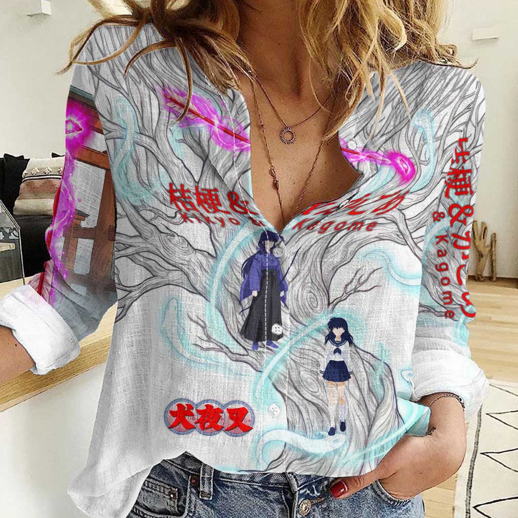 Kikyo and Kagome Inuyasha Series Women Casual Shirt Spiritual Anime Art Style with Sacred Tree and Torii Gate