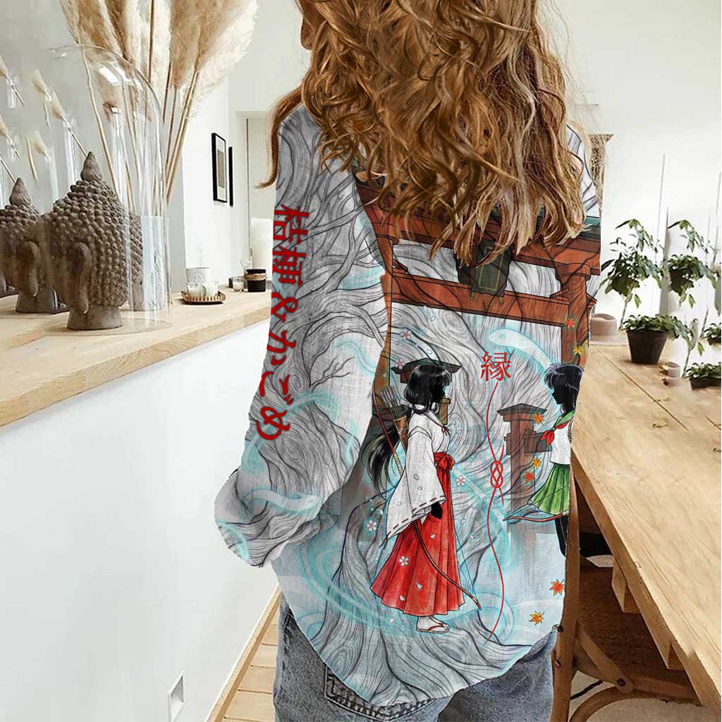 Kikyo and Kagome Inuyasha Series Women Casual Shirt Spiritual Anime Art Style with Sacred Tree and Torii Gate