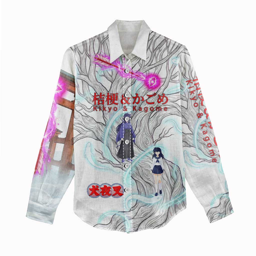 Kikyo and Kagome Inuyasha Series Women Casual Shirt Spiritual Anime Art Style with Sacred Tree and Torii Gate