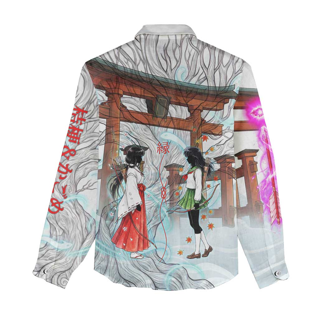 Kikyo and Kagome Inuyasha Series Women Casual Shirt Spiritual Anime Art Style with Sacred Tree and Torii Gate