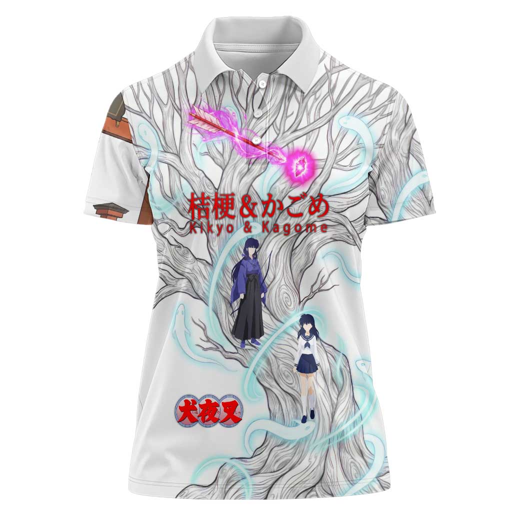 Kikyo and Kagome Inuyasha Series Women Polo Shirt Spiritual Anime Art Style with Sacred Tree and Torii Gate