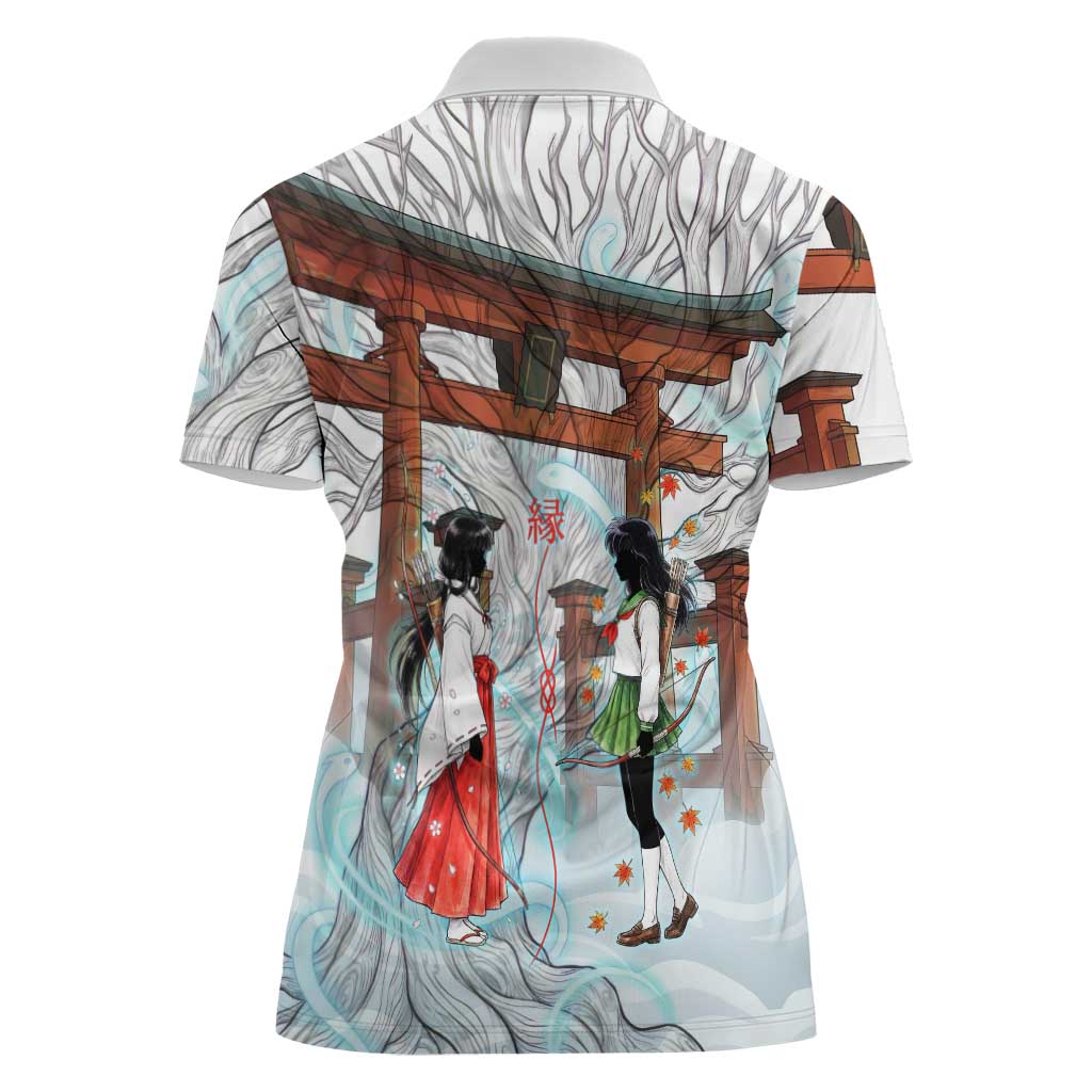 Kikyo and Kagome Inuyasha Series Women Polo Shirt Spiritual Anime Art Style with Sacred Tree and Torii Gate