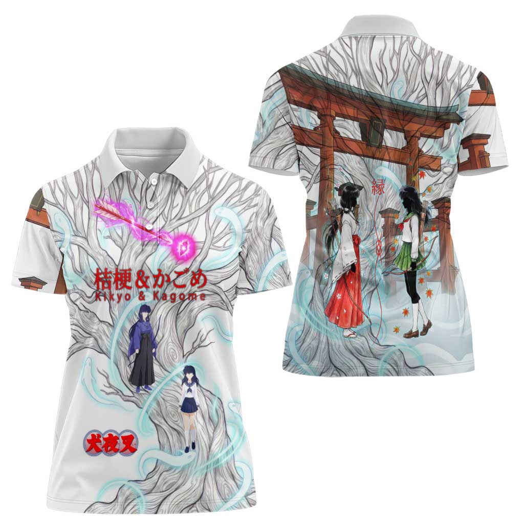 Kikyo and Kagome Inuyasha Series Women Polo Shirt Spiritual Anime Art Style with Sacred Tree and Torii Gate