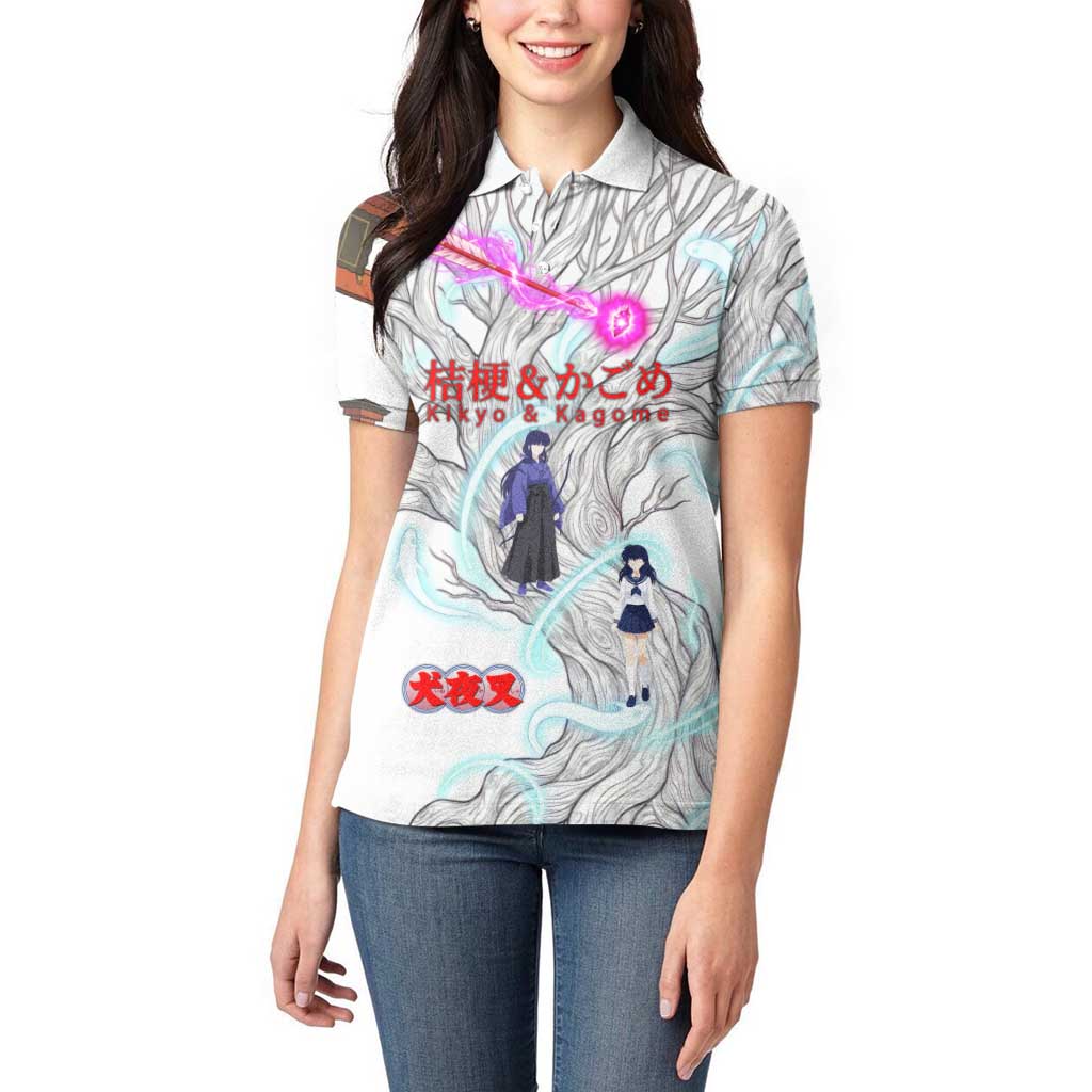 Kikyo and Kagome Inuyasha Series Women Polo Shirt Spiritual Anime Art Style with Sacred Tree and Torii Gate