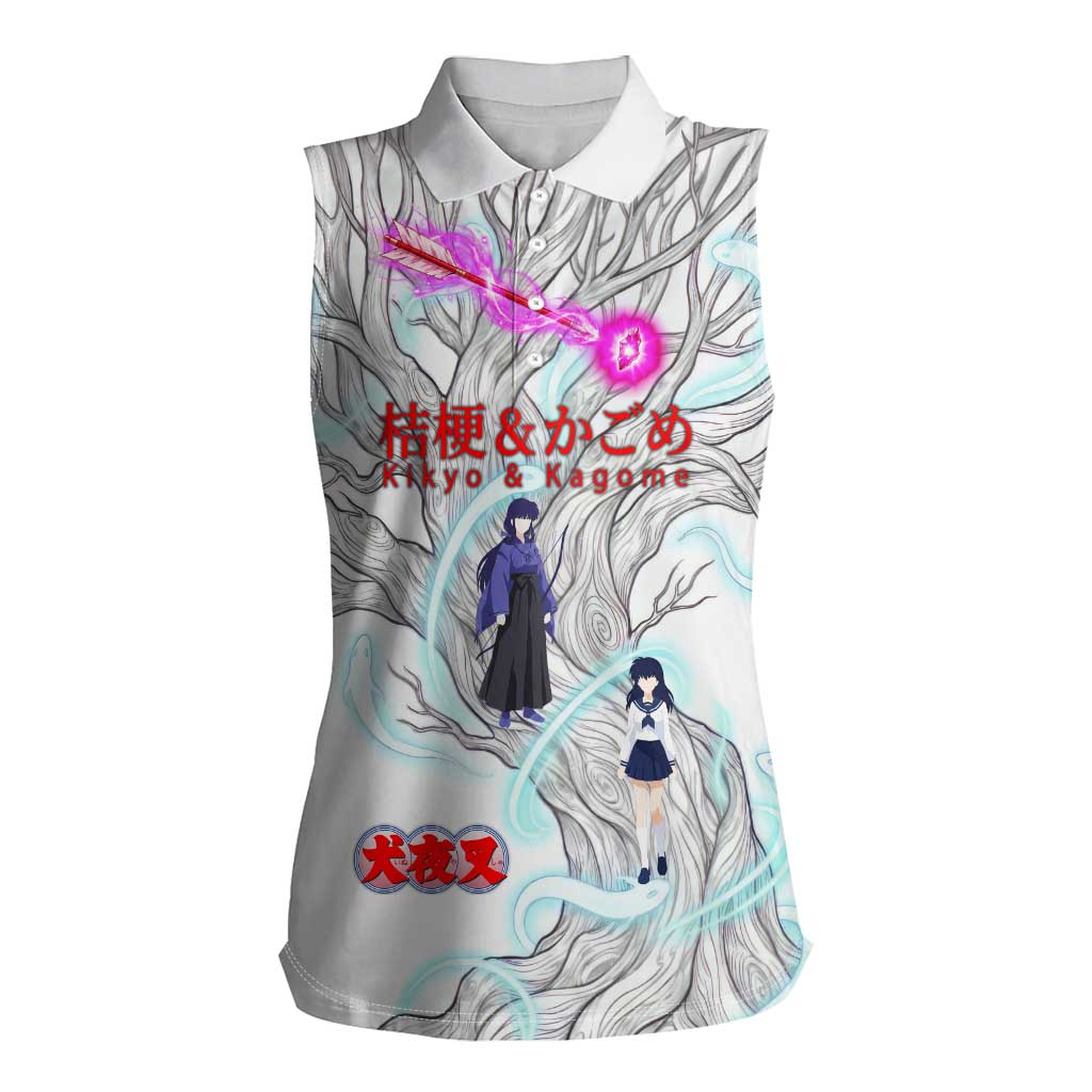 Kikyo and Kagome Inuyasha Series Women Sleeveless Polo Shirt Spiritual Anime Art Style with Sacred Tree and Torii Gate