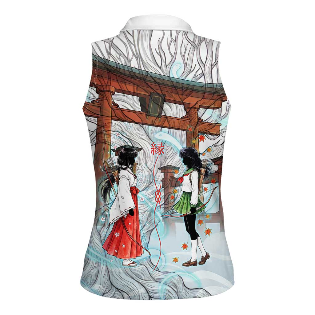 Kikyo and Kagome Inuyasha Series Women Sleeveless Polo Shirt Spiritual Anime Art Style with Sacred Tree and Torii Gate