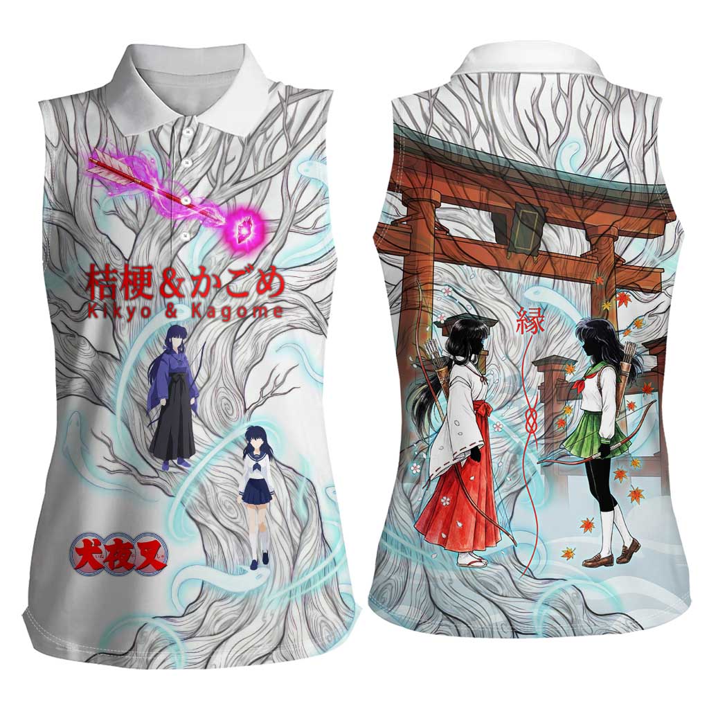 Kikyo and Kagome Inuyasha Series Women Sleeveless Polo Shirt Spiritual Anime Art Style with Sacred Tree and Torii Gate