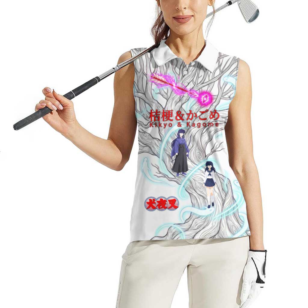 Kikyo and Kagome Inuyasha Series Women Sleeveless Polo Shirt Spiritual Anime Art Style with Sacred Tree and Torii Gate