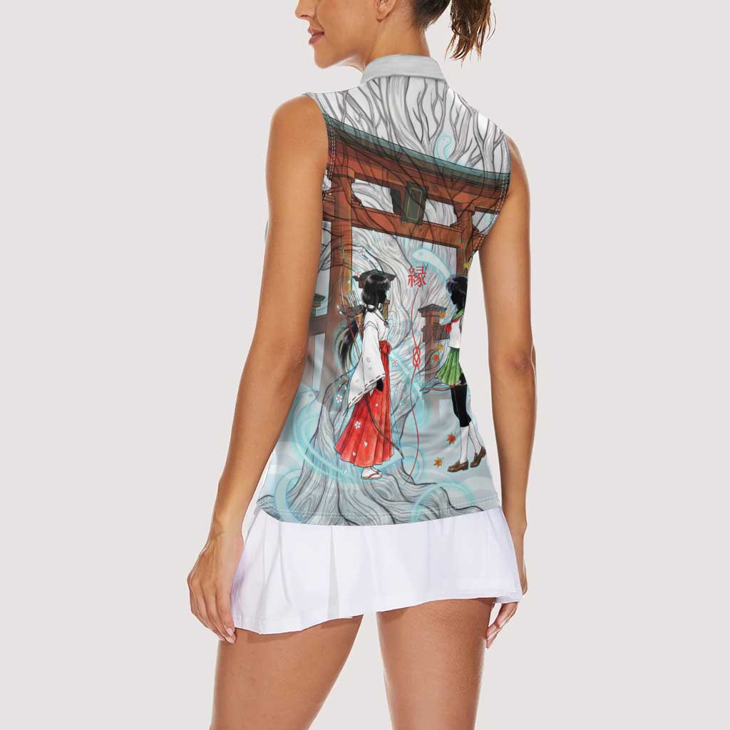 Kikyo and Kagome Inuyasha Series Women Sleeveless Polo Shirt Spiritual Anime Art Style with Sacred Tree and Torii Gate