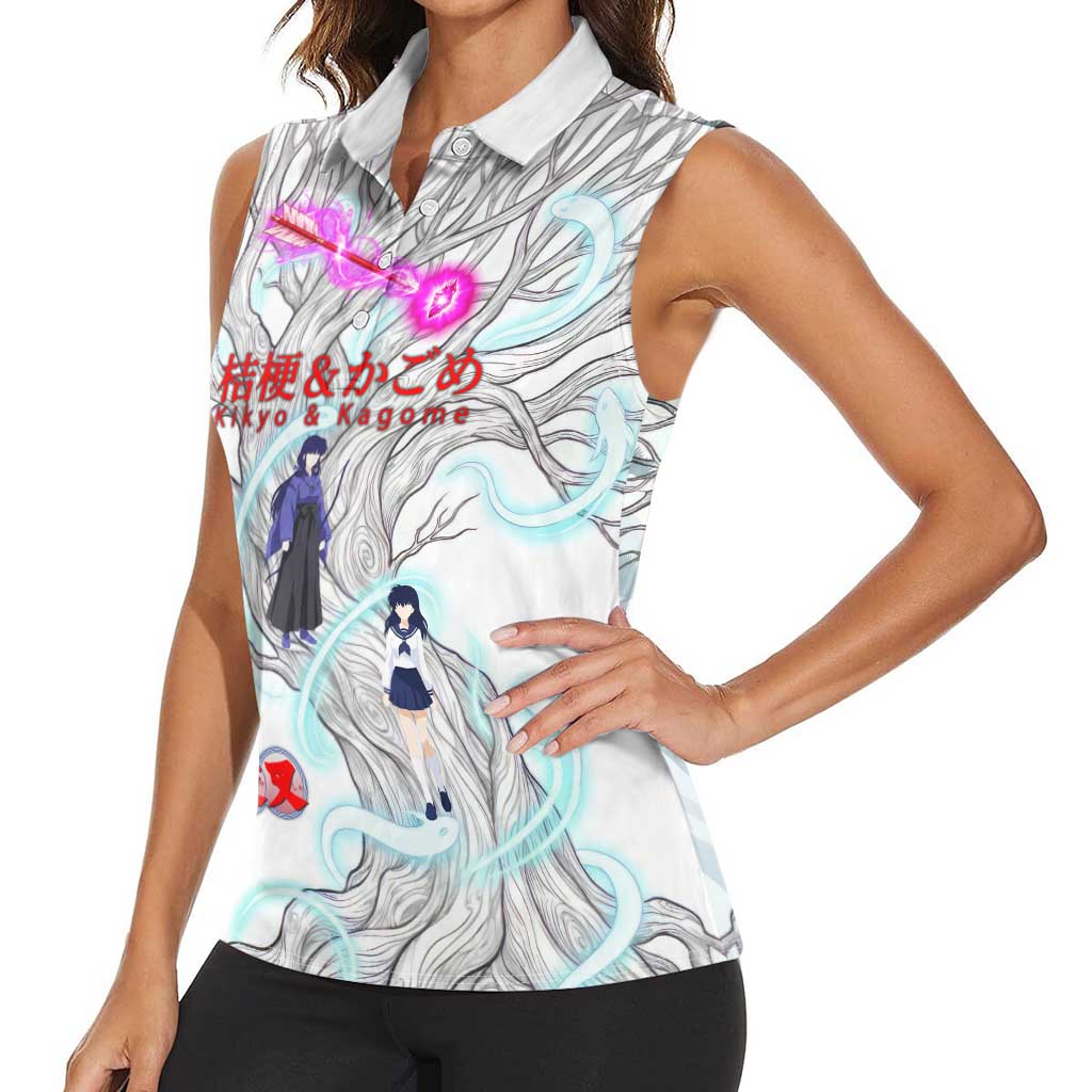 Kikyo and Kagome Inuyasha Series Women Sleeveless Polo Shirt Spiritual Anime Art Style with Sacred Tree and Torii Gate