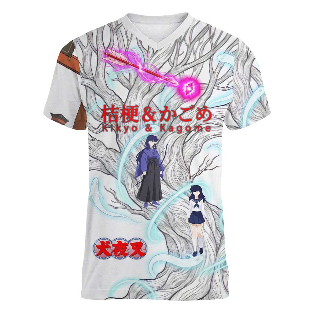 Kikyo and Kagome Inuyasha Series Women V-Neck T-Shirt Spiritual Anime Art Style with Sacred Tree and Torii Gate