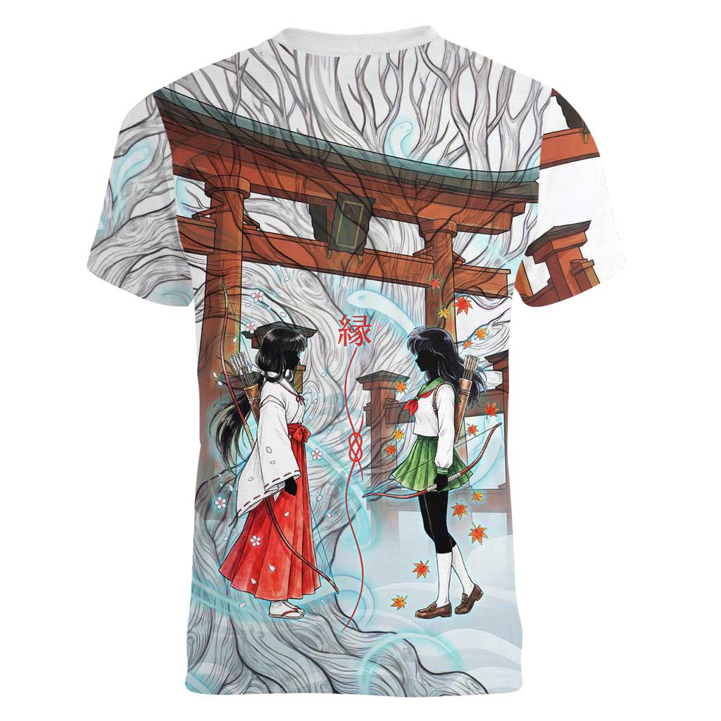Kikyo and Kagome Inuyasha Series Women V-Neck T-Shirt Spiritual Anime Art Style with Sacred Tree and Torii Gate