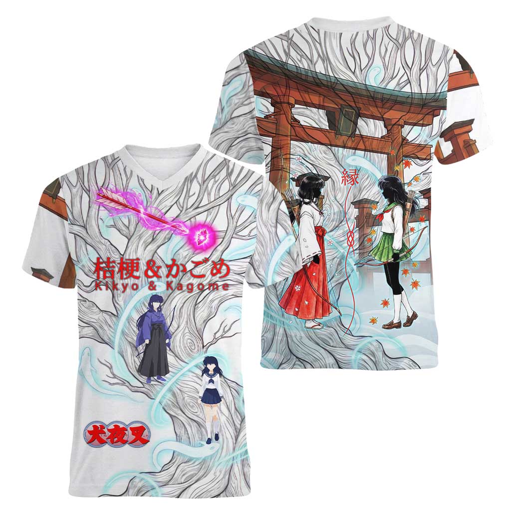 Kikyo and Kagome Inuyasha Series Women V-Neck T-Shirt Spiritual Anime Art Style with Sacred Tree and Torii Gate
