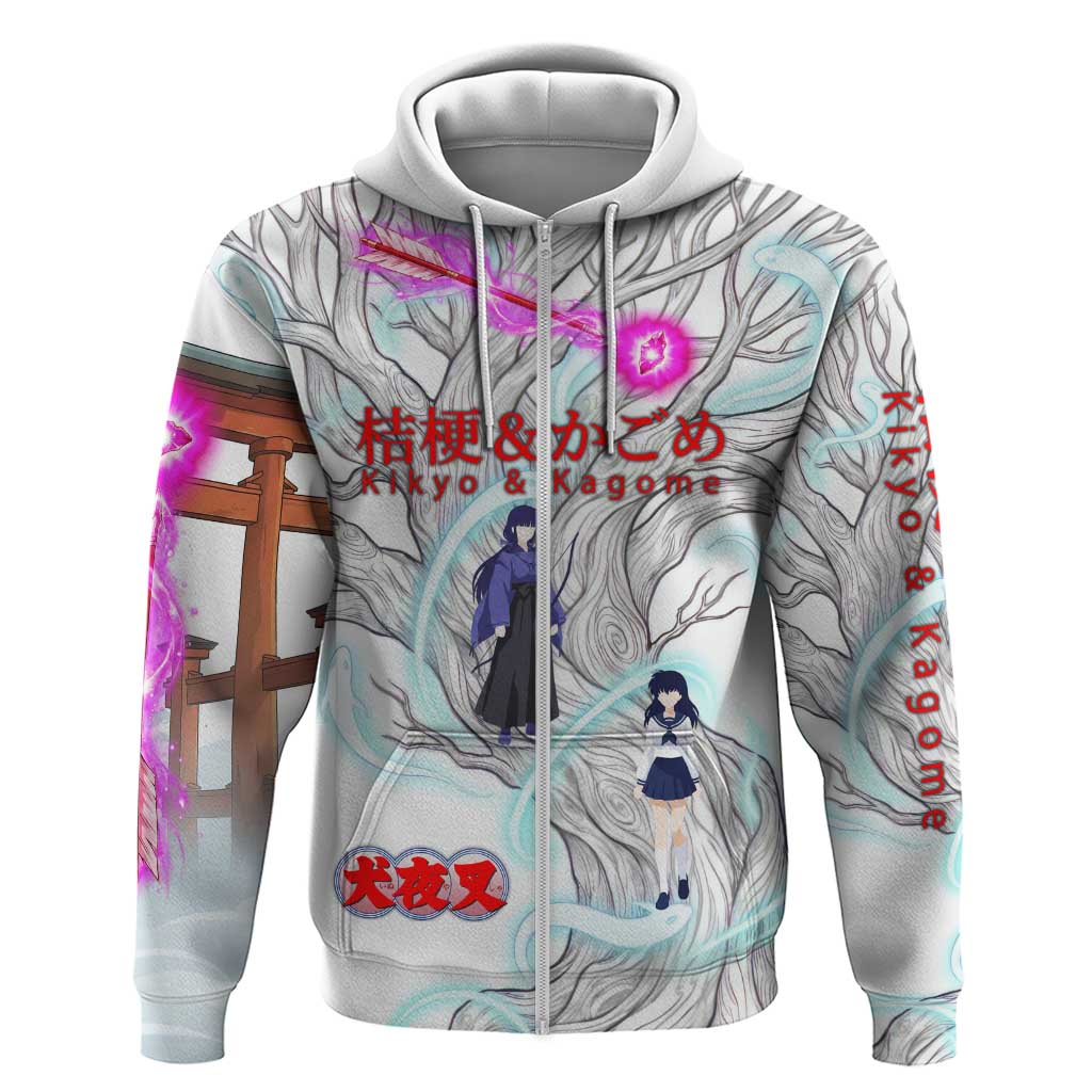 Kikyo and Kagome Inuyasha Series Zip Hoodie Spiritual Anime Art Style with Sacred Tree and Torii Gate