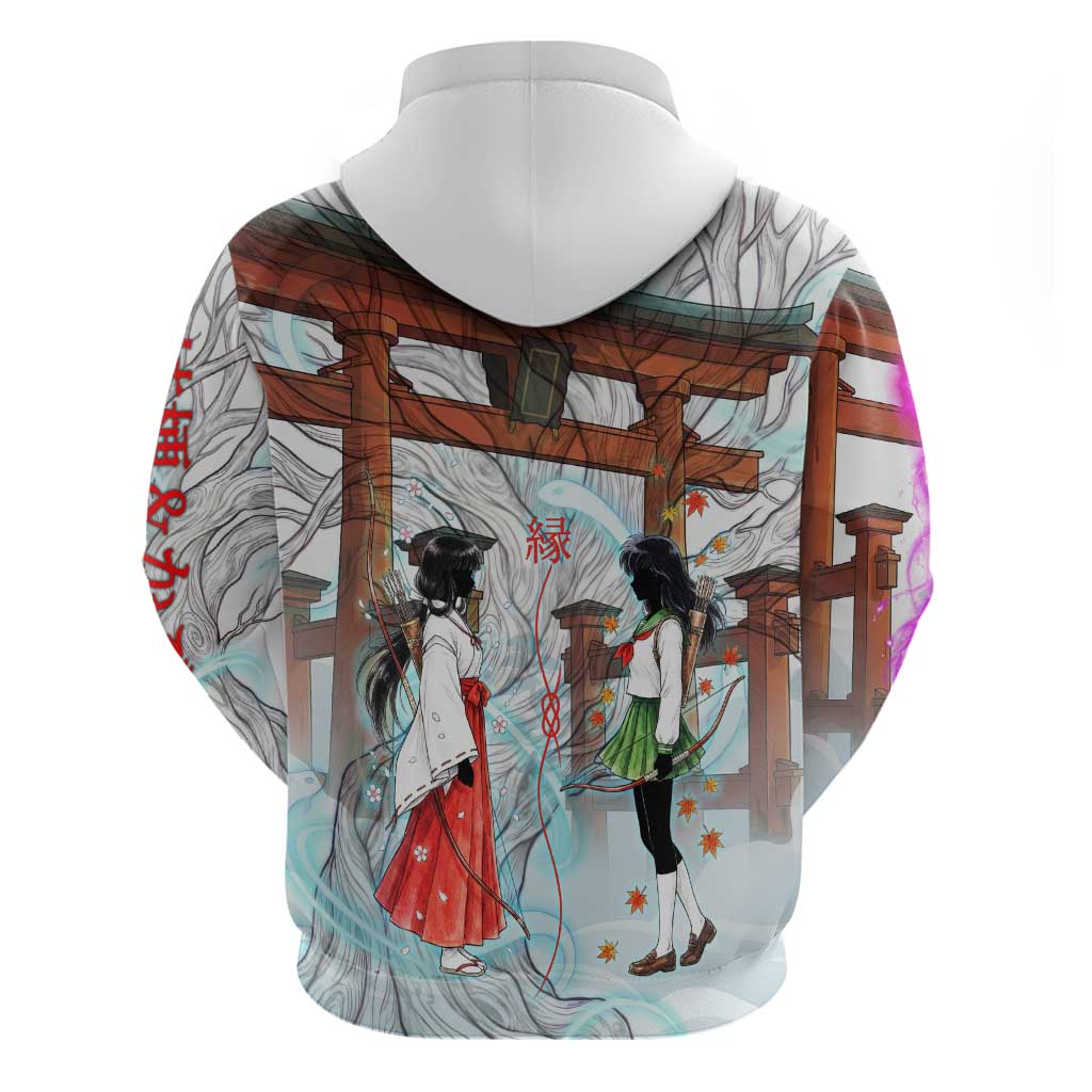 Kikyo and Kagome Inuyasha Series Zip Hoodie Spiritual Anime Art Style with Sacred Tree and Torii Gate