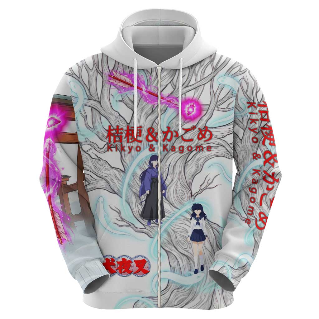 Kikyo and Kagome Inuyasha Series Zip Hoodie Spiritual Anime Art Style with Sacred Tree and Torii Gate