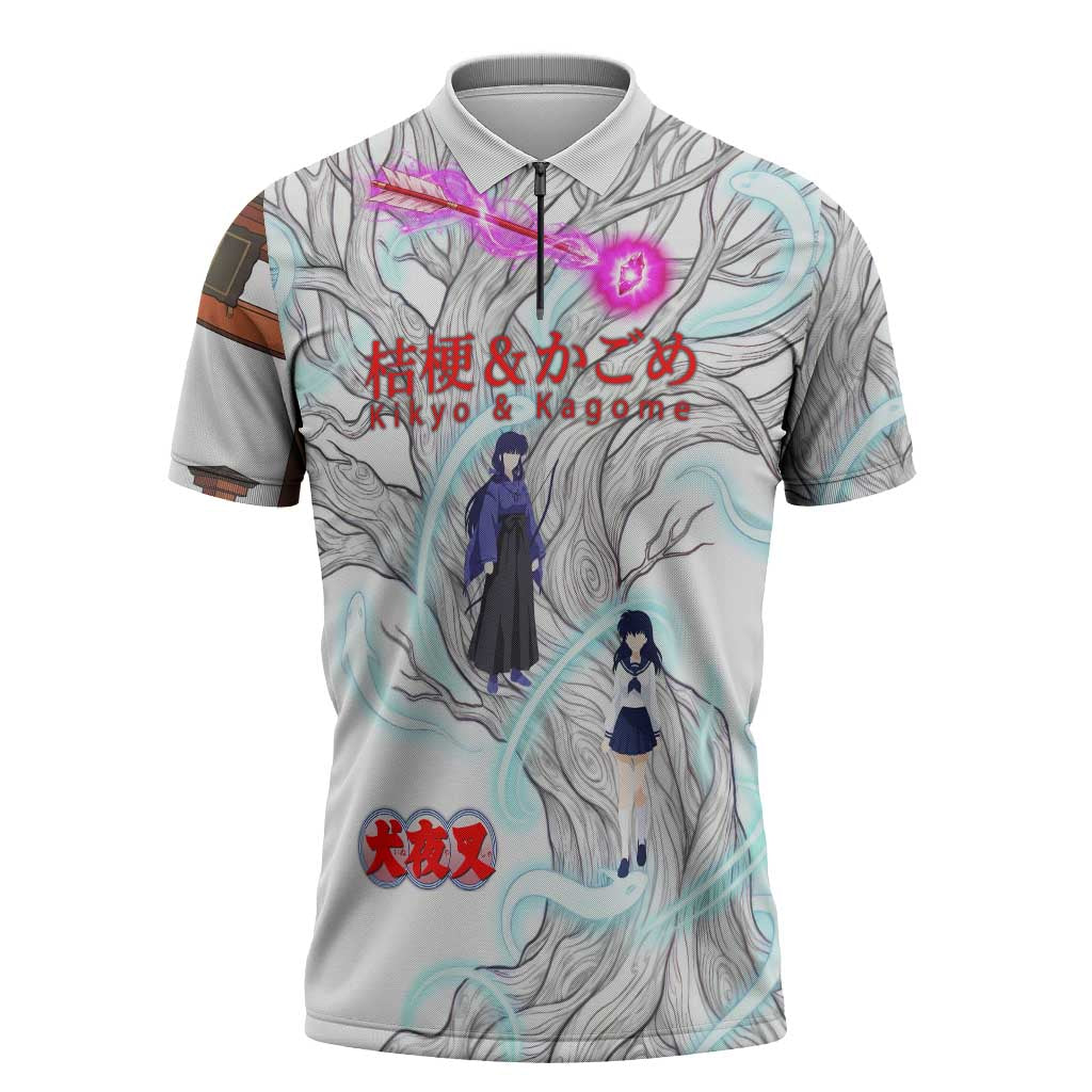 Kikyo and Kagome Inuyasha Series Zipper Polo Shirt Spiritual Anime Art Style with Sacred Tree and Torii Gate