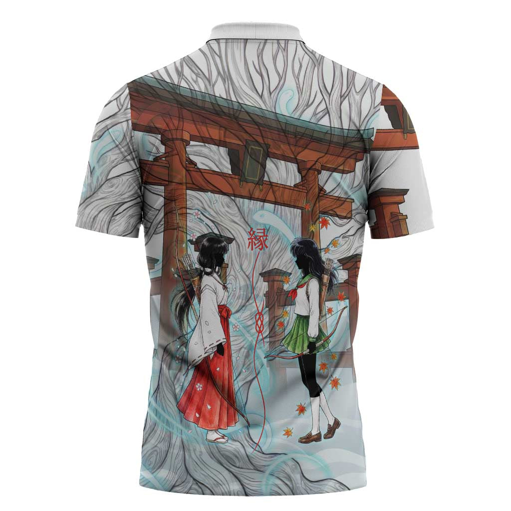 Kikyo and Kagome Inuyasha Series Zipper Polo Shirt Spiritual Anime Art Style with Sacred Tree and Torii Gate
