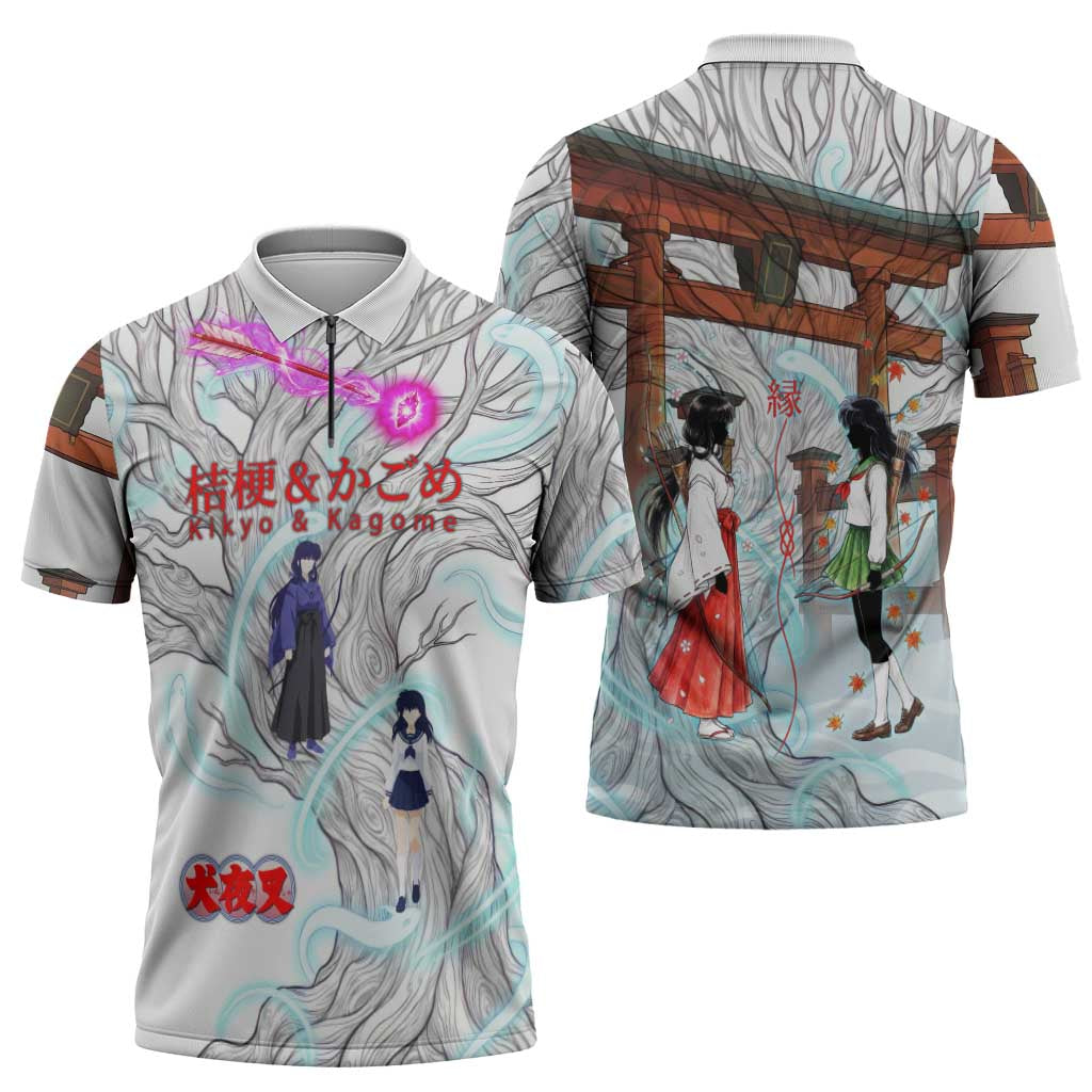 Kikyo and Kagome Inuyasha Series Zipper Polo Shirt Spiritual Anime Art Style with Sacred Tree and Torii Gate