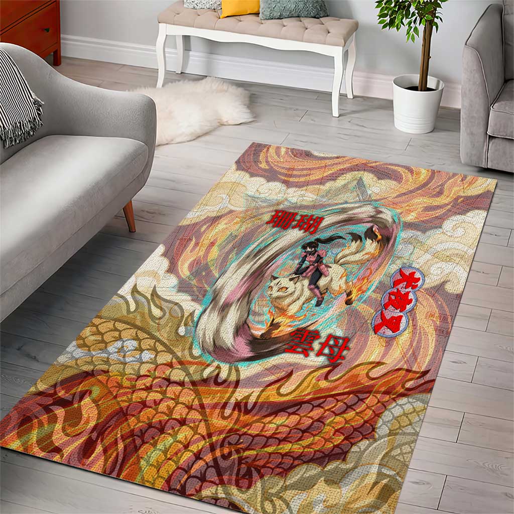 Sango and Kirara Inuyasha Series Area Rug Mythical Anime Style with Flame and Scale Motif